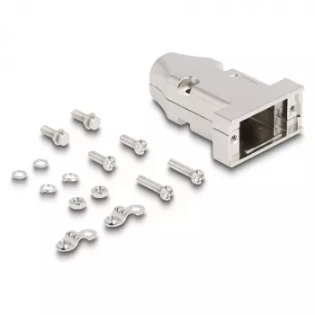 Kaablikaitse DELOCK D-Sub korpus 9-kontaktilisele isas-/emaspistikule tõmbetugevdusega, hõbedane, plast, 31,6×46,2×15,6 mm