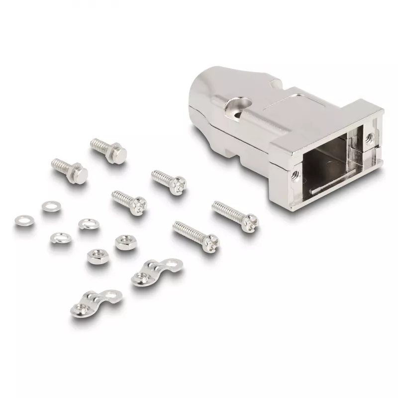 Kaablikaitse DELOCK D-Sub korpus 9-kontaktilisele isas-/emaspistikule tõmbetugevdusega, hõbedane, plast, 31,6×46,2×15,6 mm