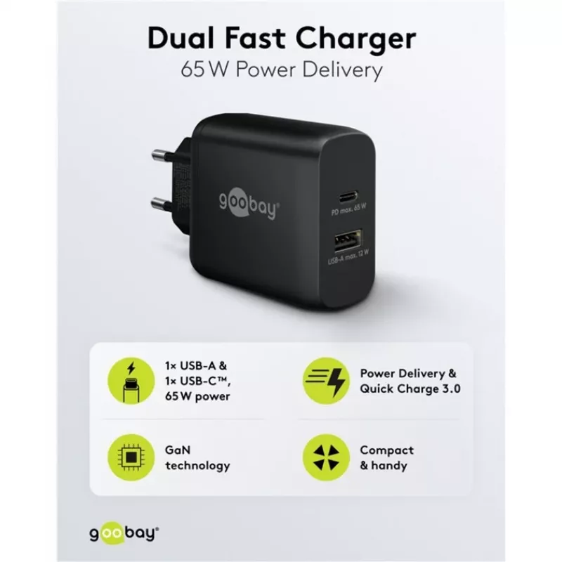 USB-C kahekiirlaadija, PD, GaN, 65 W (must, 1× USB-C, 1× USB-A, Power Delivery)