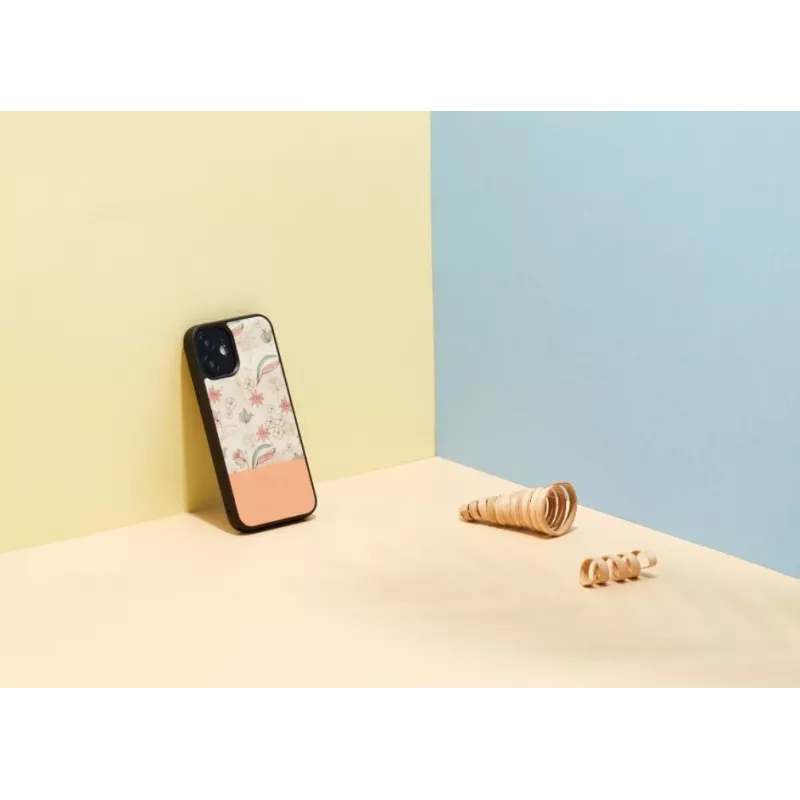 Kaitsev telefoniümbris Man and Wood iPhone 12 mini jaoks — roosa lill mustal