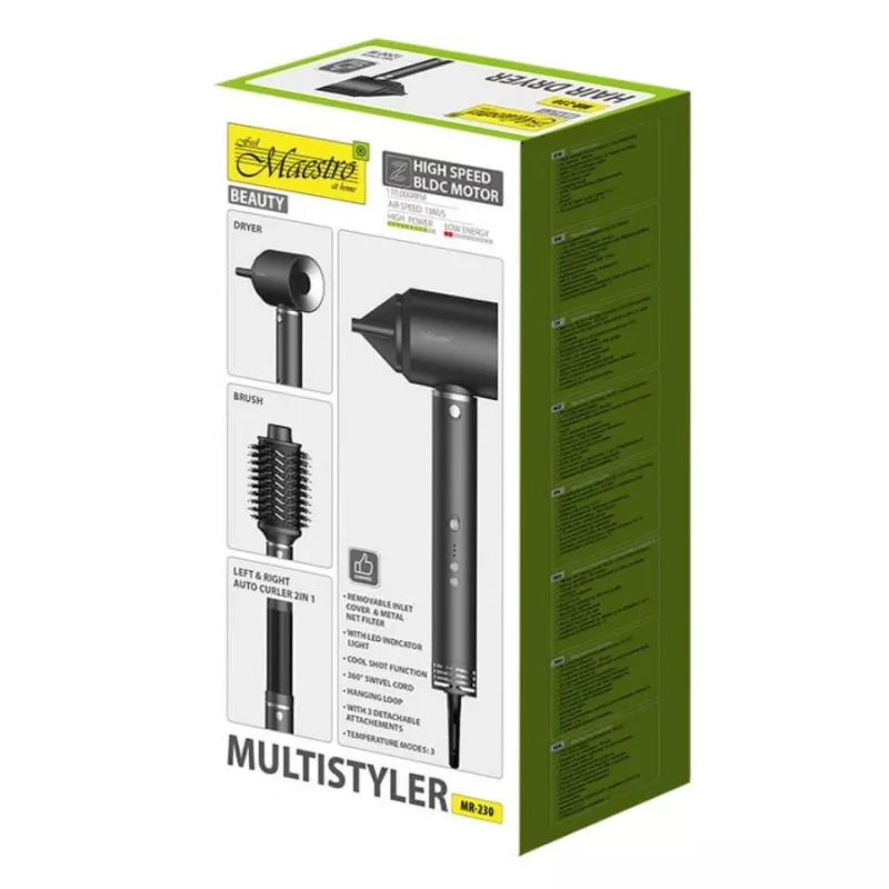 Multistyler 3in1 juuksehoolduskomplekt Maestro MR-230 — föön, föön-hari ja automaatne lokiraud, 1200 W, BLDC mootor, 3,5 cm lokk, 2 kuumusastet, must
