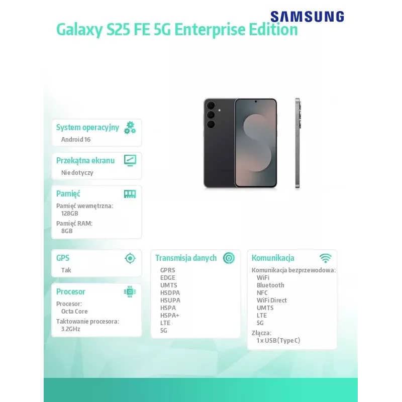 Nutitelefon Samsung Galaxy S25 FE S731 6,7-tolline Dynamic AMOLED 2X, 8 GB muutmälu, 128 GB, 5G, 50 MP kolmekaamera, 4900 mAh, IP68, Jet Black