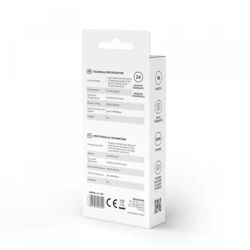 USB C - USB C kaabel SAVIO CL-159 1 m, USB 2.0 (480 Mbit/s), must, 2,1 A