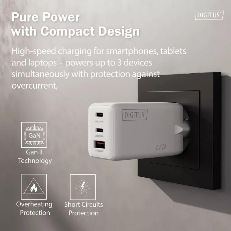 Seinalaadija DIGITUS DA-10303 67W GaN, 2× USB-C + 1× USB-A, 100–240V, valge