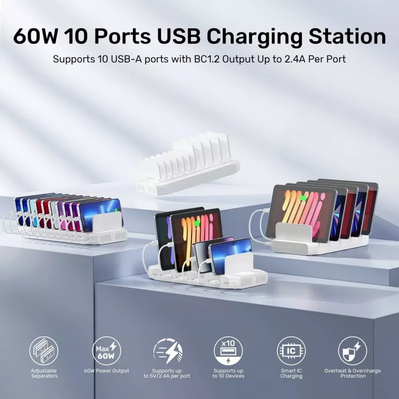 Unitek laadimisjaam 10X USB 2.4A 60W valge