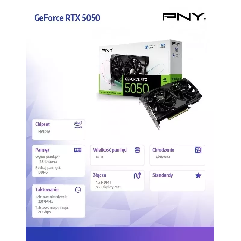 Graafikakaart PNY GeForce RTX 5050 — 8 GB GDDR6, 2317 MHz, 128-bit, PCIe x8 5.0, kahe ventilaatoriga jahutus