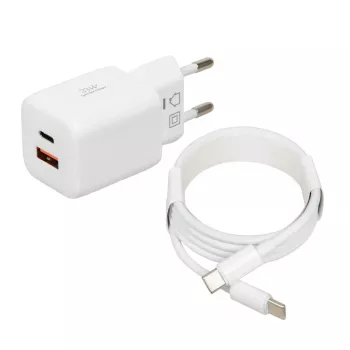 USB-laadija IBOX ILUC42W 42W (maks 33W), 1×USB-C PD3.0, 1×USB-A QC3.0, 100–240V, valge