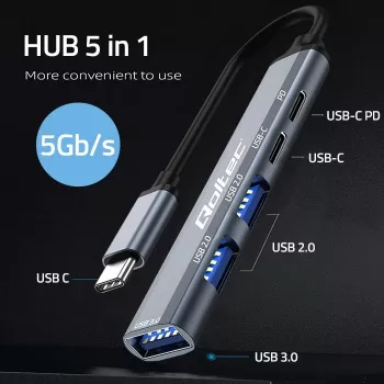Qoltec 53790 Hub-adapter USB-C 3.1 5in1 | USB-C PD | USB-C | 2x USB 2.0 | USB 3.0