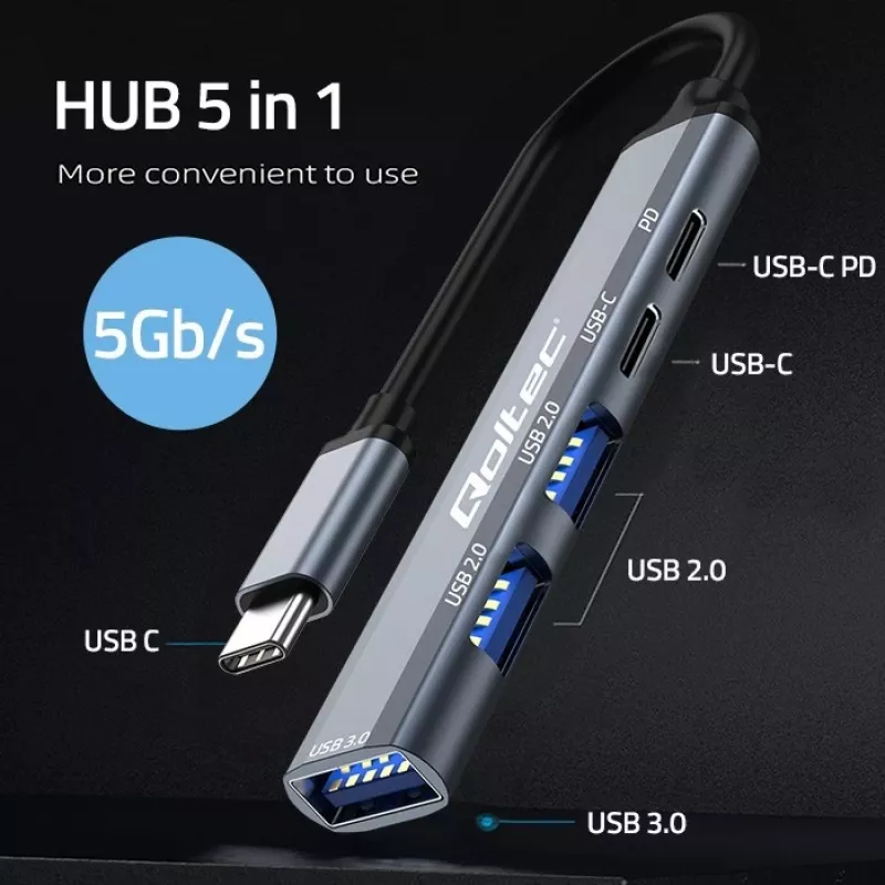 Qoltec 53790 Hub-adapter USB-C 3.1 5in1 | USB-C PD | USB-C | 2x USB 2.0 | USB 3.0