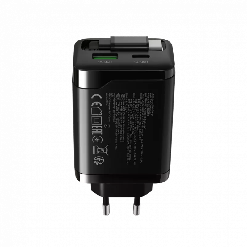 Laadija CANYON OnCharge 65RC sisseehitatud USB-C kaabliga, 65 W, 1x PD, 1x QC, EL-pistik, must