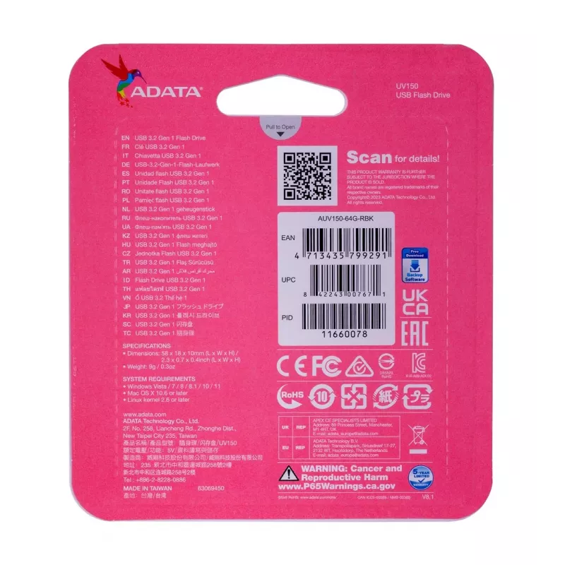 ADATA 64GB DashDrive UV150 USB-mälupulk USB Type-A 3.2 Gen 1 (3.1 Gen 1) Must