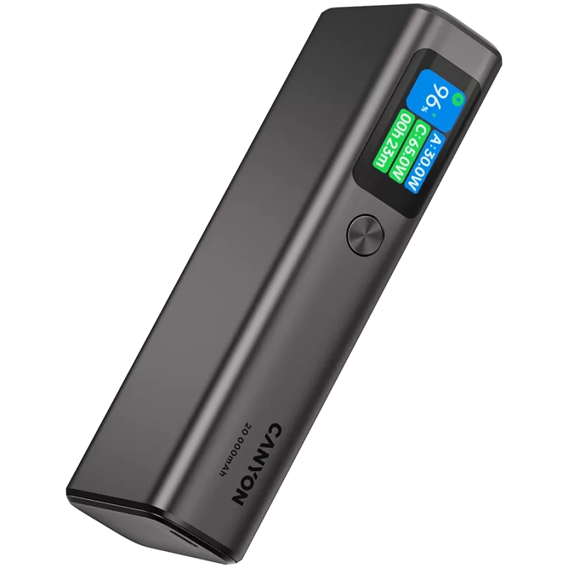 Canyon OnPower 230 TFT akupank, 20000 mAh, PD 130 W, 2x USB-C + USB-A, metallkorpus, tumehall