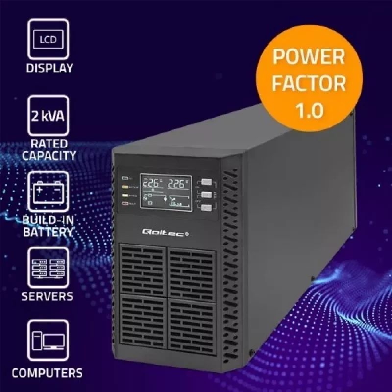 Qoltec 52281 katkematu toiteallikas (UPS) topeltmuundusega (Online) 2 kVA 2000 W 3 pistikupesaga