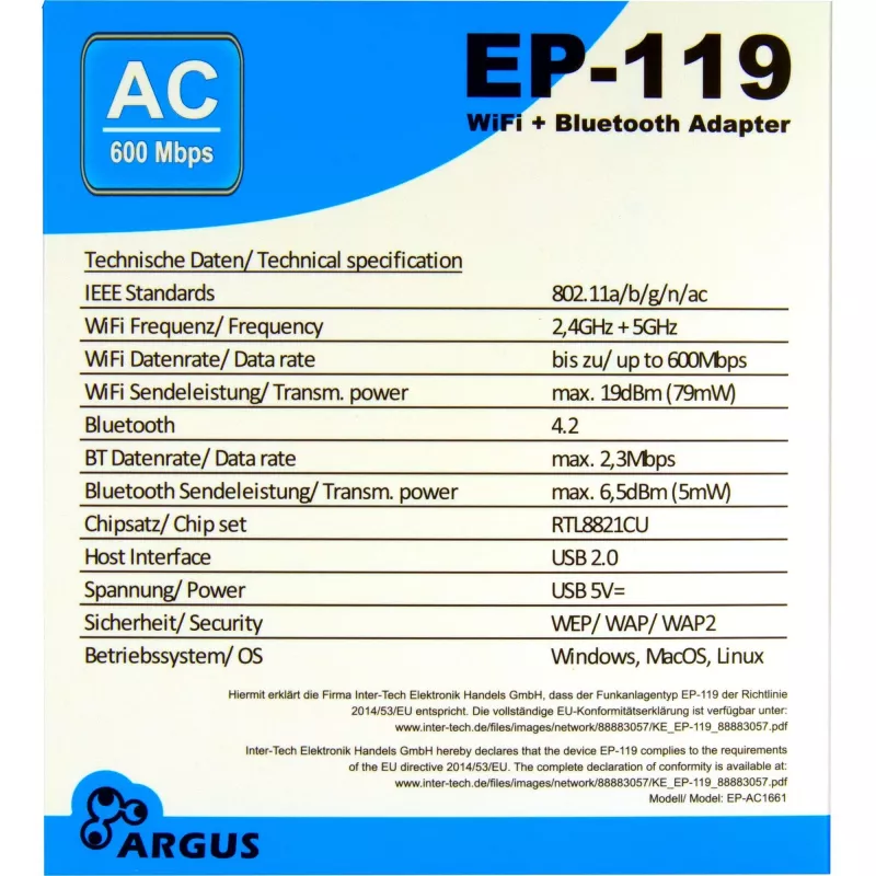USB Wi‑Fi / Bluetooth-adapter INTER-TECH EP-119, Wi‑Fi 5 (802.11ac) kaheribaline 600 Mbit/s