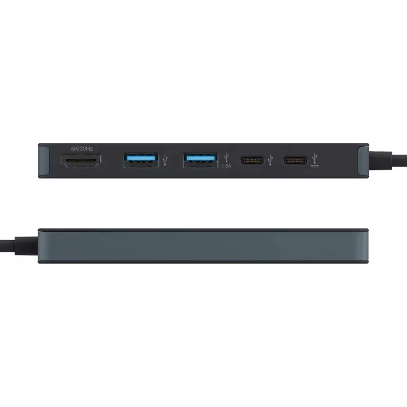 USB-C jaotur HYPER HD4101BKGL — 5 pordiga (USB-C, USB 3.2 Gen1 Type-A, HDMI 4K), 5000 Mbit/s, must