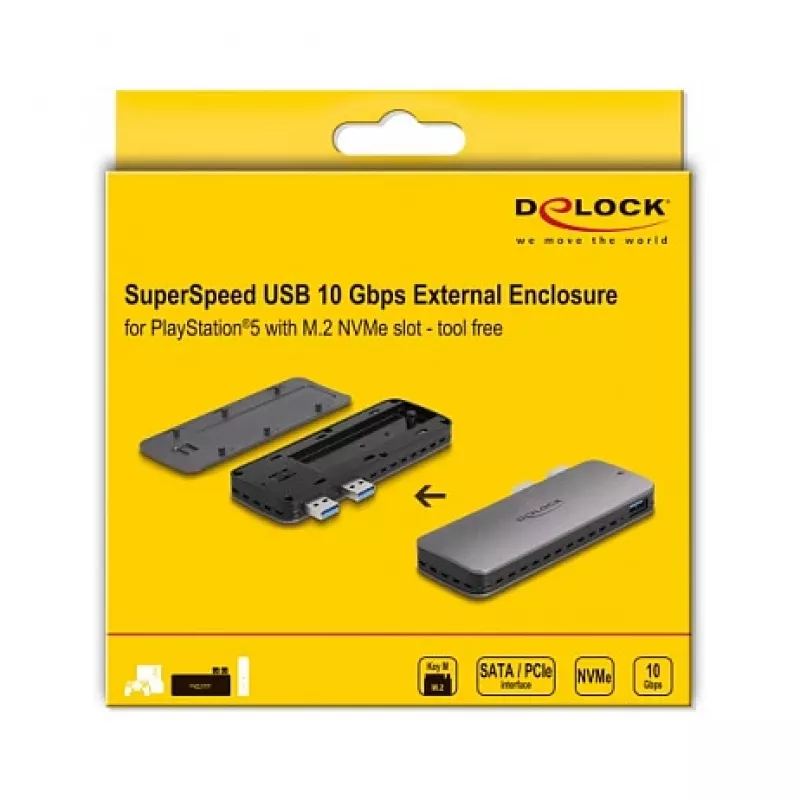 SSD-korpus DeLOCK USB 3.2 Gen 2 PlayStation 5 jaoks M.2 NVMe tööriistavaba