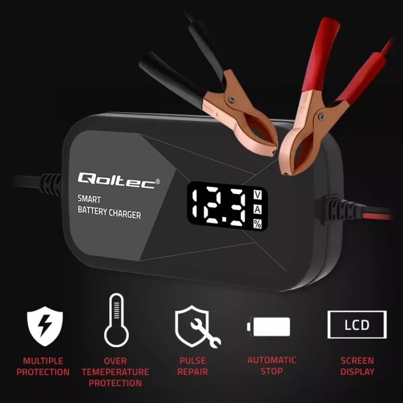 Akulaadija QOLTEC 52492 12V 2A mikroprotsessorjuhtimise ja akuelementide taastamise funktsiooniga