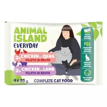 ANIMAL ISLAND Kana / Vutt ja kana / Lambafileed puljongis - märg kassitoit - 4x85g