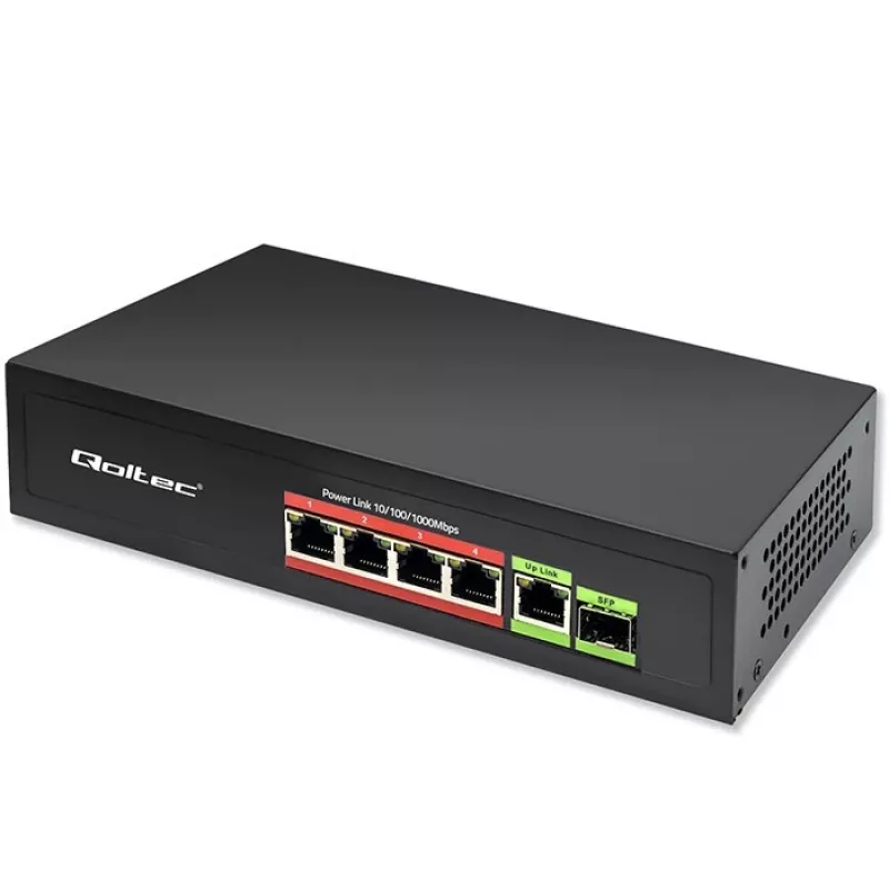 Ethernet PoE-lüliti QOLTEC 52296 — 4x RJ45 PoE-porti, 1x RJ45 üleslink