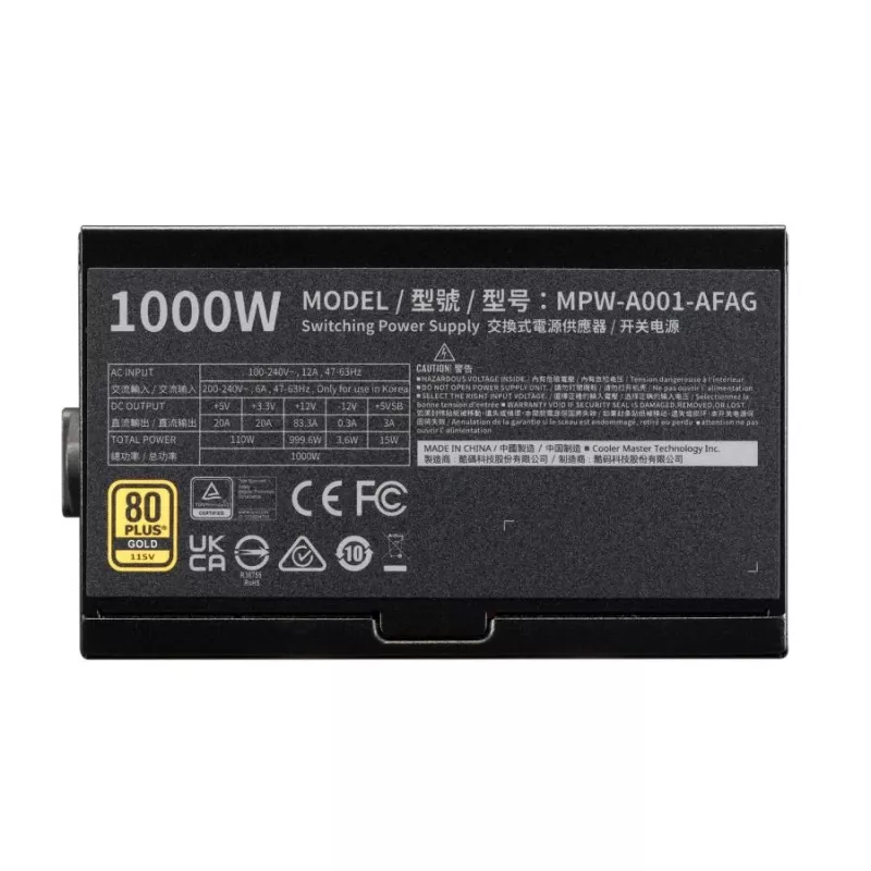 Cooler Master MPW-A001-AFAG-BEU Gold 80+ 1000W PSU, INTEL ATX 3.1, 135mm, FDB pika elueaga laagriga ventilaator