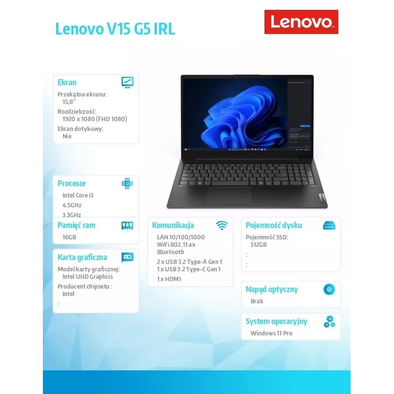 Sülearvuti Lenovo V15 G5 IRL – Intel Core i3-1315U, 16 GB RAM, 512 GB SSD, Windows 11 Pro