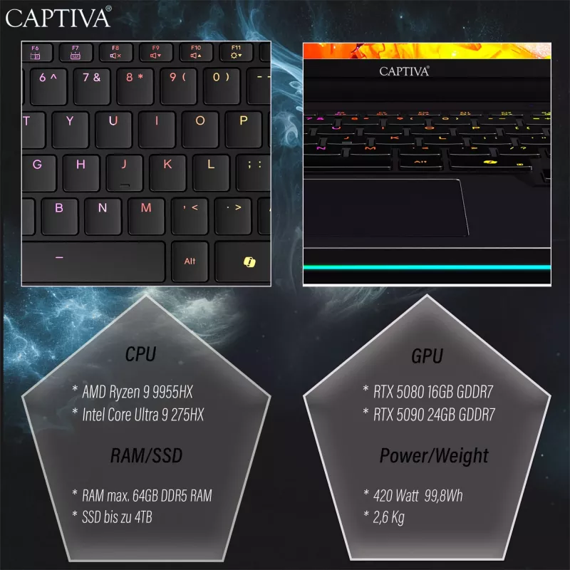 Captiva Ultimate Gaming R95-061GE mängusülearvuti, AMD Ryzen 9 9955HX, 16-tolline WQXGA, 64GB DDR5, 2TB SSD, NVIDIA GeForce RTX 5090, Windows 11