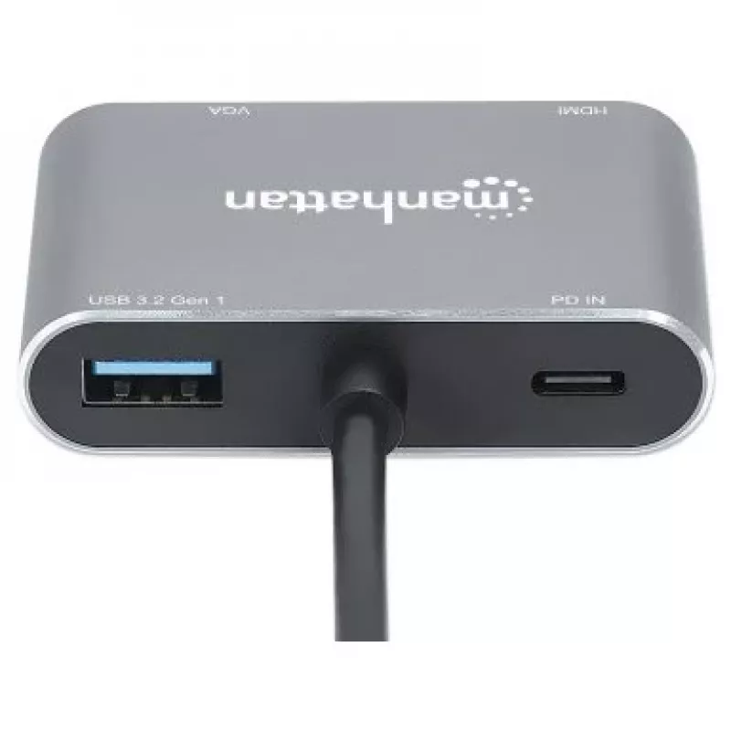 Manhattan USB-C dokk/jaotur, pordid (x4): HDMI, USB-A, USB-C ja VGA, toiteedastusega (PD) 87 W – vajab välist USB-C laadijat (ei kuulu komplekti). Toide USB kaudu (välist toiteallikat pole vaja), kui PD ei ole kasutusel, alumiinium