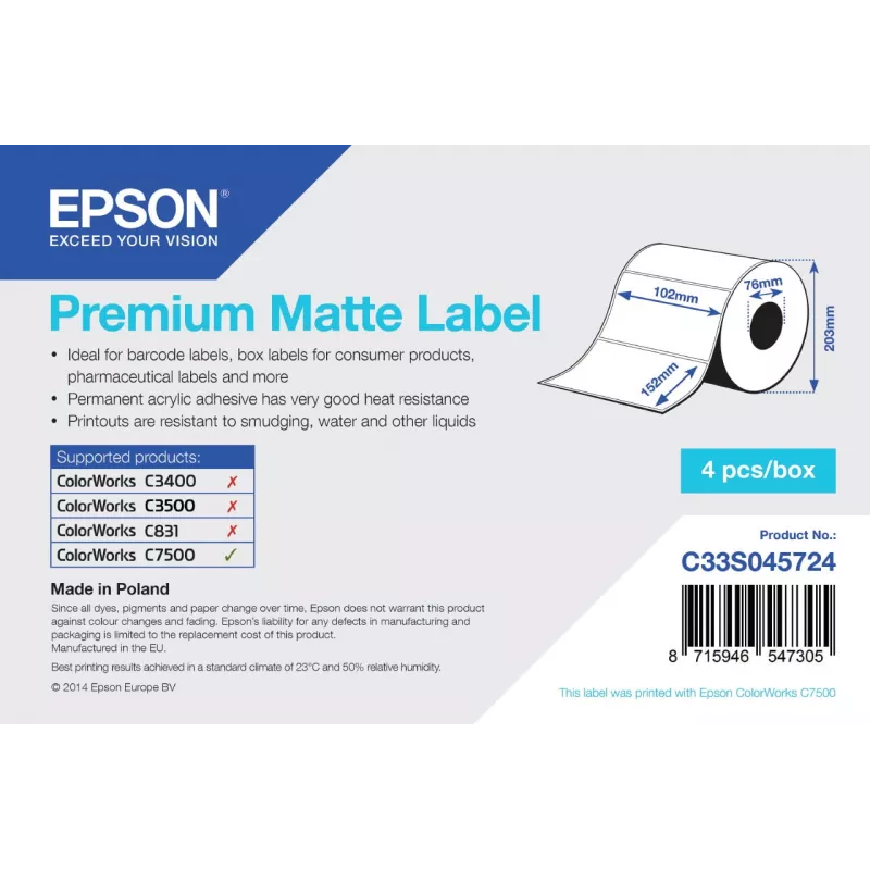 Etiketten, Epson, Normalpapier, Premium Matte Label, B: 102 mm, H: 152 mm, D: 190 mm, K: 76 mm Etikettenrolle, Epson, Material: Normalpapier, Premium 