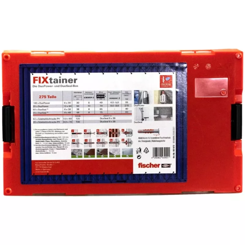 FixTainer - DUOPOWER & DUOSEAL + kruvid, seinapistik helehall/punane, 275-osaline