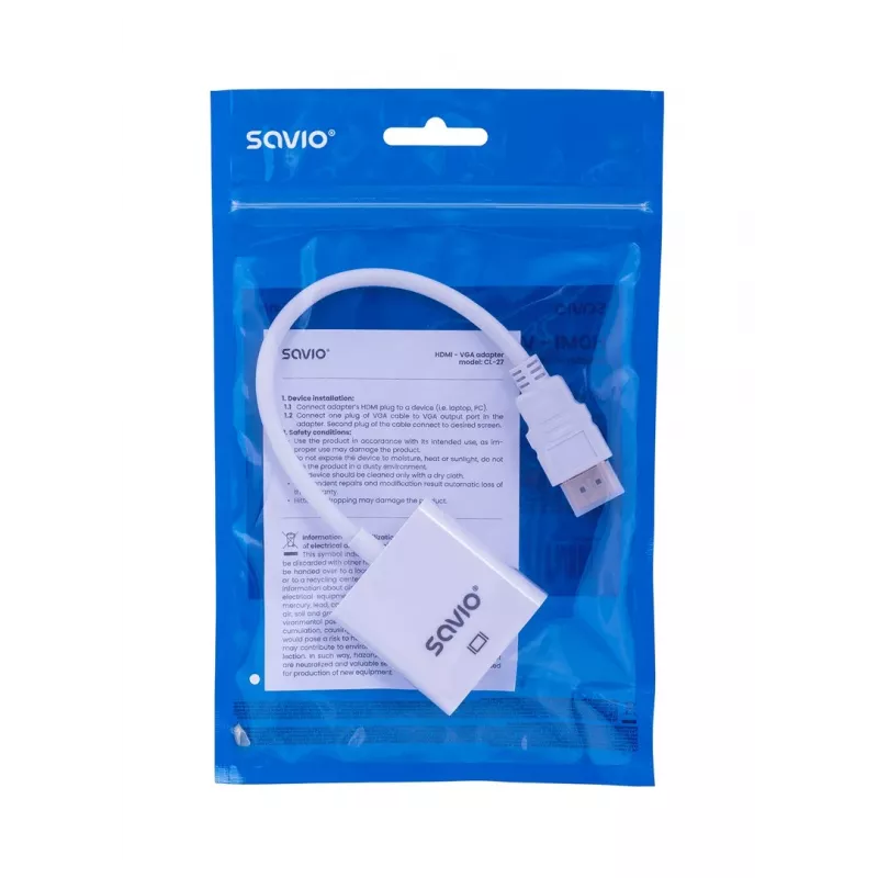 Savio CL-27B videokaabli adapter 0.1 m HDMI Type A (Standard) VGA (D-Sub) valge