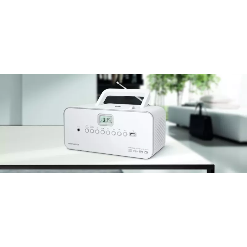 Kantav stereosüsteem Muse M-28RDW — CD/MP3-mängija, FM/MW-tuuner, 3 W RMS, valge, 1,4 kg