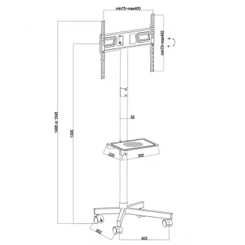 TV-käru MACLEAN MC-949 32–55-tollistele teleritele, VESA 75×75–400×400 mm, max koormus 25 kg, kõrgus 147–155 cm, hoiuriiul, must