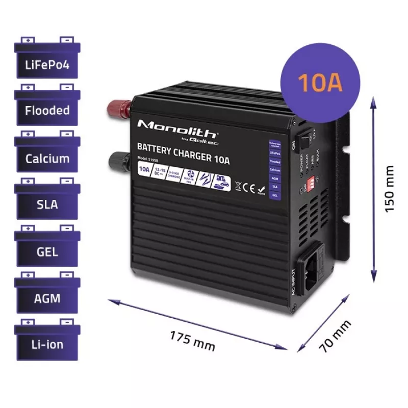 Qoltec Smart Monolith akulaadija LiFePO4 AGM GEL SLA akudele | 10A | 12V