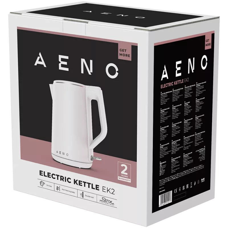 AENO Elektriketel EK2: 1850-2200W, 1,5L, Strix, topeltseinad, mittekuumenev korpus, automaatne väljalülitus, kuivkeemiskaitse