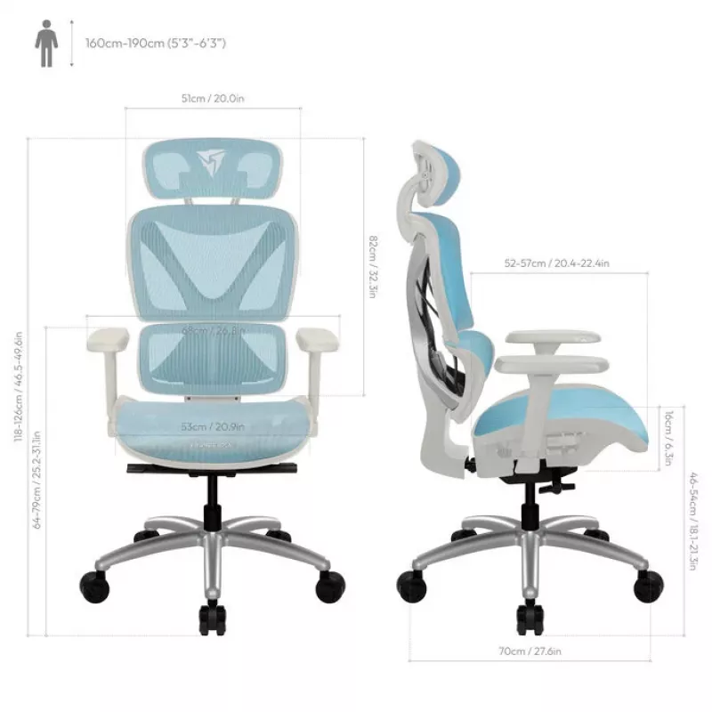 Ergonoomiline kontoritool thunder x3 TEGC-3073102.B1 — valge ja sinine polster, reguleeritavad käetoed, kõrge seljatugi
