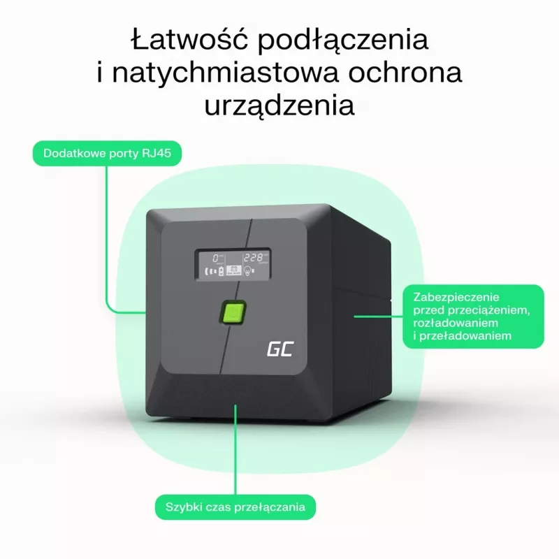 Katkematu toiteallikas UPS Line-Interactive 2 kVA 1200 W, roheline Cell, 4 vahelduvvoolupesa, USB, 12 V 9 Ah VRLA (torn)
