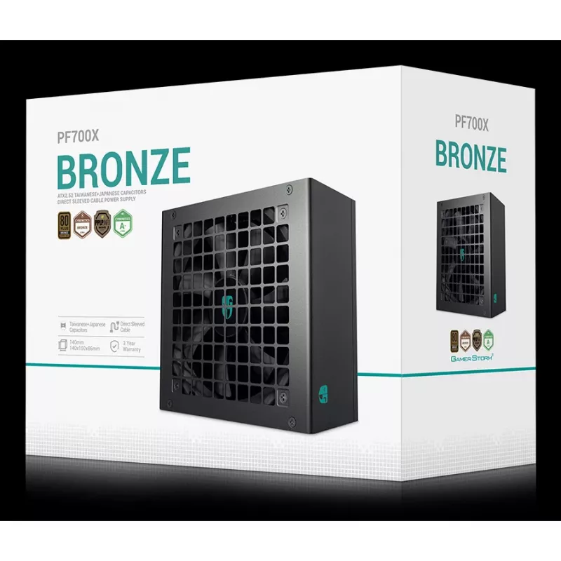 Toiteplokk DeepCool PF700X 700W ATX, 80 PLUS Bronze, 700 W, 1x 120 mm ventilaator, 24-kontaktiline, 2x 4+4 CPU, 4x 6+2 PCIe, 6x SATA