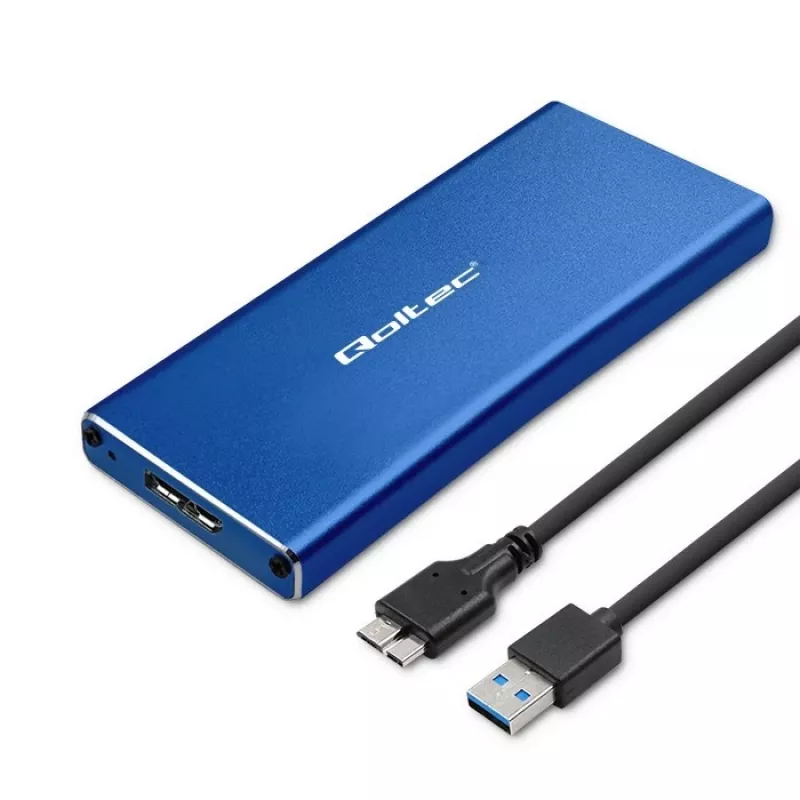 SSD-korpus QOLTEC 51832 — väline M.2 SATA, USB 3.0, kuni 2 TB, sinine, toetab 30 mm draive, 4 pesa