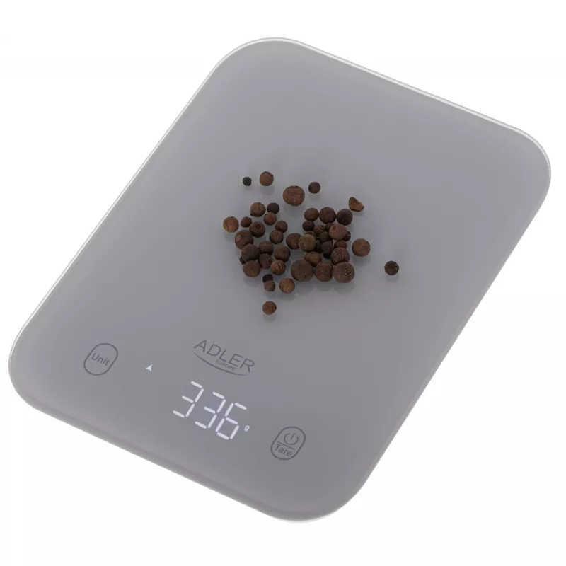 Köögikaal Adler AD 3181, karastatud klaas, 10 kg mahutavus, 1 g täpsus, LCD ekraan, hall