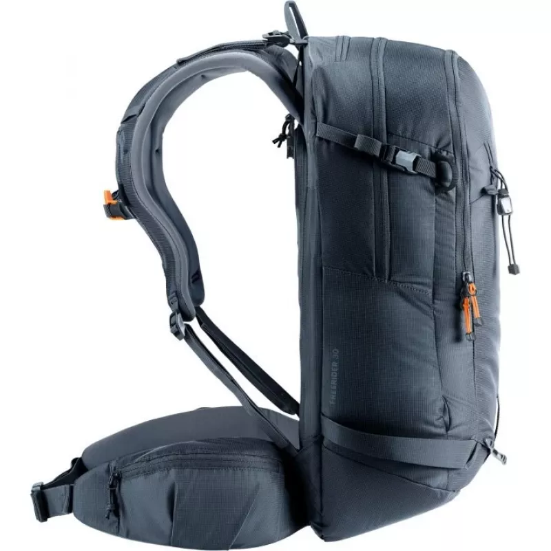Seljakott DEUTER Freerider Pro 34+ — tehniline freeride-suusamatkade seljakott, 34 l, must, kiivrihoidik, puusavöö