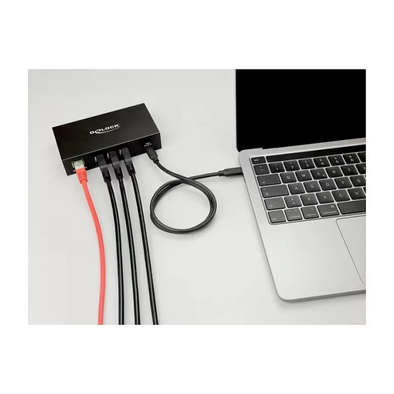 DELOCK USB-jaotur, 3-port 5 Gbps, RJ45 Gigabit PoE++ ja USB USB-C host, metallkorpus, 1,5 kV isolatsioon, must