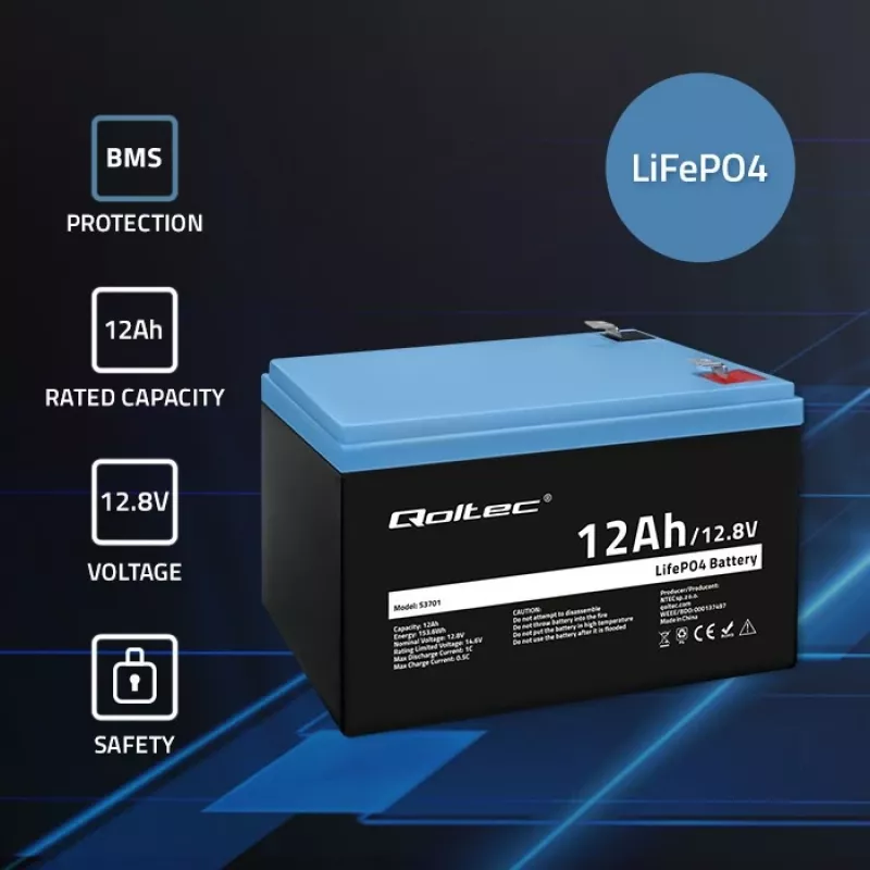 Qoltec LiFePO4 liitium-raudfosfaataku 12,8V 12Ah 153,6Wh BMS-iga