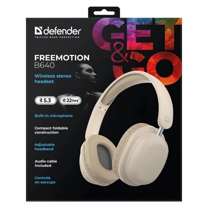 Juhtmevabad kõrvapealsed kõrvaklapid DEFENDER EEMOTION B640 BEEŽ — binauraalsed, suletud akustikaga, USB-C, AUX, 20–20000 Hz, 105 dB