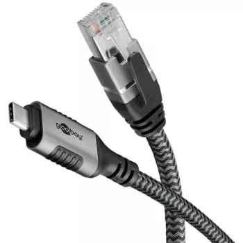 Ethernet-kaabel USB-C 3.2 Gen2 pistik > RJ-45 pistik, LAN-adapter must/hõbedane, 2 meetrit, põimitud tekstiilist ümbris
