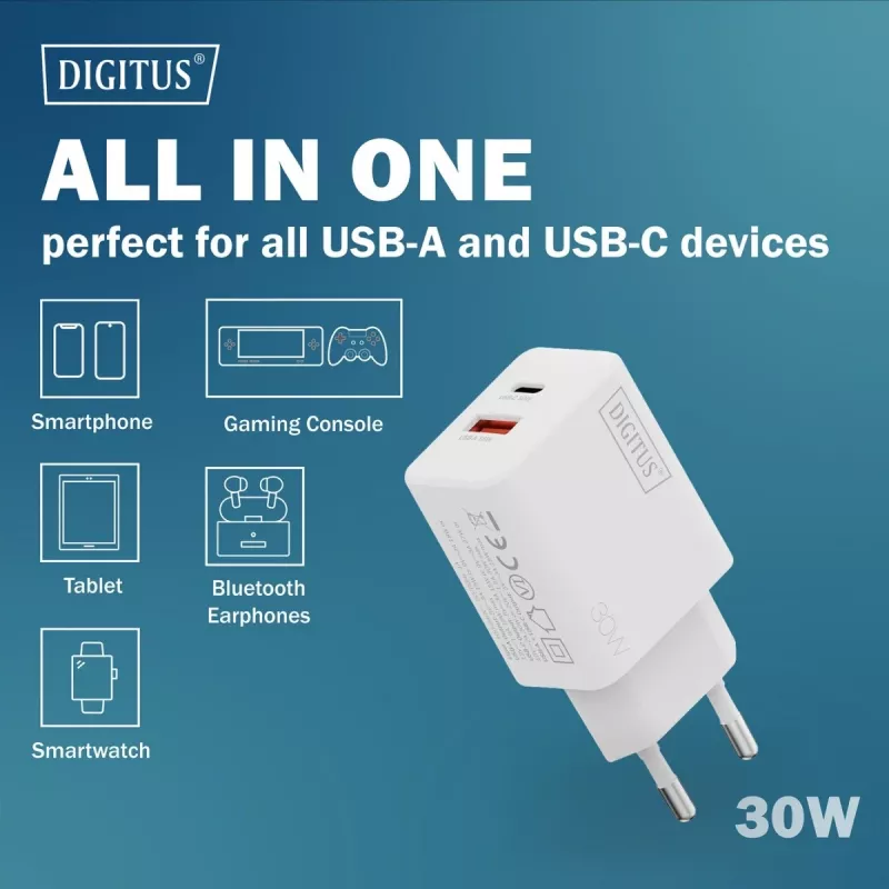 AC Indoor USB GaN Charger DIGITUS DA-10301 — 30W, 1× USB-C, 1× USB-A, 100–240V, valge