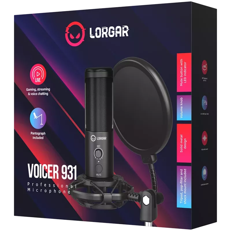 LORGAR Voicer 931, mängumikrofon, must, USB kondensaatormikrofon koos noolekäsivarre aluse, pop-filtri ja statiivialusega. Komplektis: 1* mikrofon, 1* noolekäsivarre alus C-klambriga, 1* šokimount