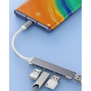 USB-jaotur VAKOSS TC-4125X — 1× USB 3.0 tüüp-A, 3× USB 2.0 tüüp-A, Host: USB USB-C, hõbedane