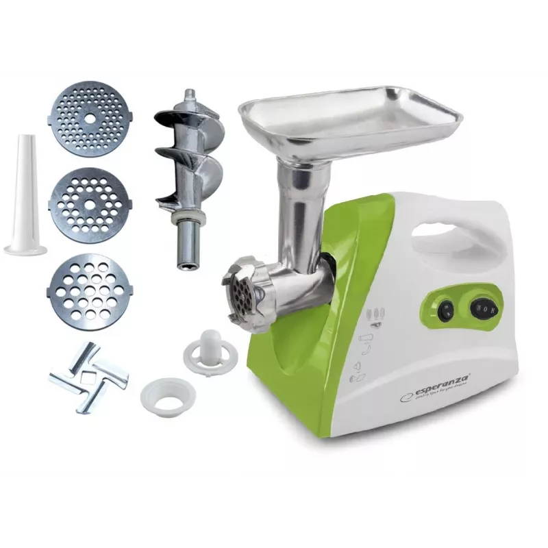 Hakklihamasin ESPERANZA EKM012G — 600 W, roostevabast terasest tera, vorstihoidik, kebbe valmistaja, tagurpidi käik, libisemiskindlad jalad, valge/roheline