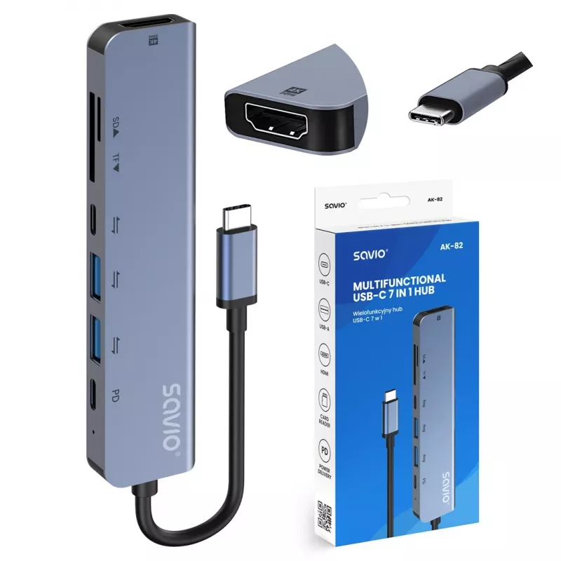 USB USB-C jaotur SAVIO AK-82 HDMI, MicroSD, USB 3.2 Gen1, PD läbipääsuga, 4K@30Hz, 5000 Mbit/s, must