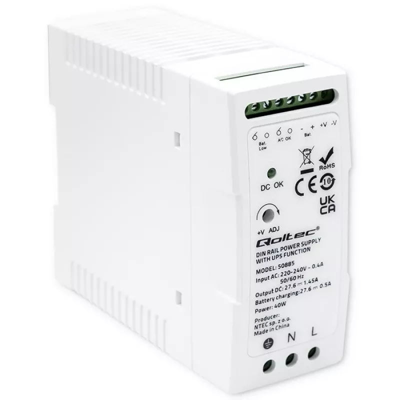 Qoltec 50885 Stabiilne DIN-liistule paigaldatav toiteplokk UPS-funktsiooniga | 40 W